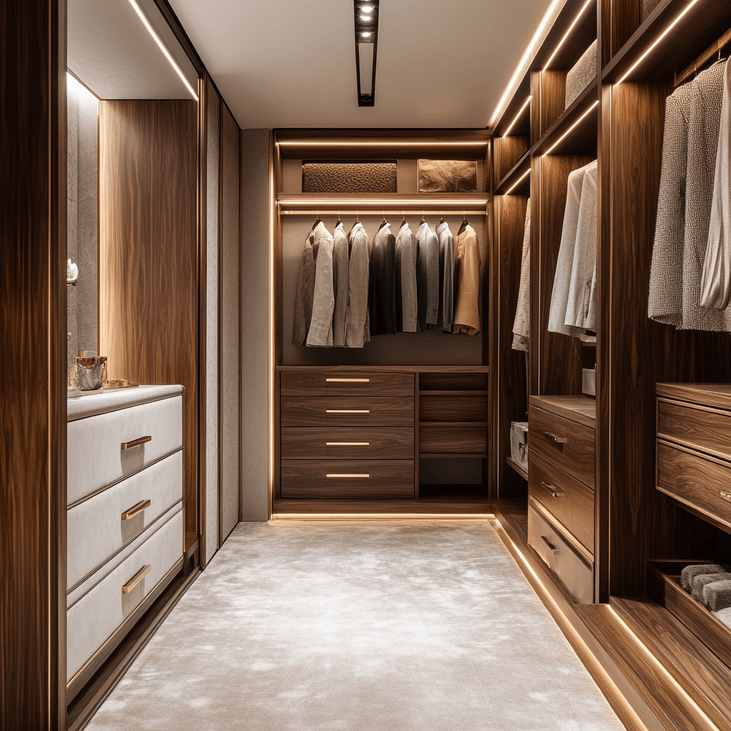 Luxury walk in wardrobe with custom wood joinery, soft lighting, and fitted drawer units for a Lagos or Abuja luxury home.