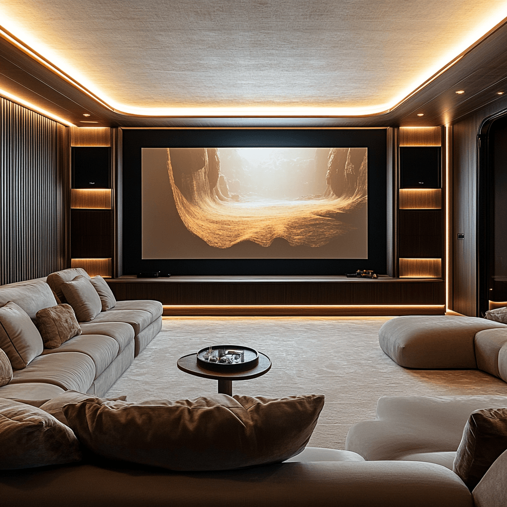 Luxury media room with large screen, plush seating, wood wall panels, and ambient lighting for a Lagos or Abuja luxury home.
