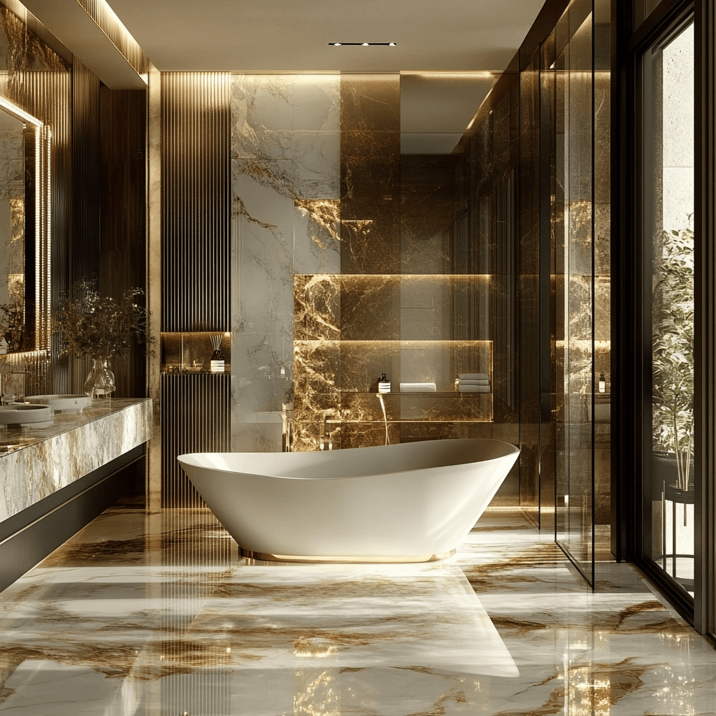 Luxury modern bathroom renovation with freestanding bathtub and marble flooring for a Lagos or Abuja luxury home.