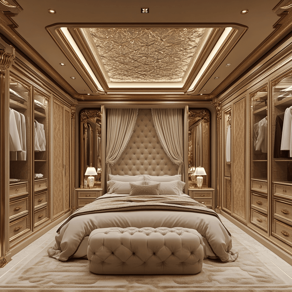 Luxurious bedroom with bespoke wardrobes and elegant beige accents for a Lagos or Abuja luxury home.