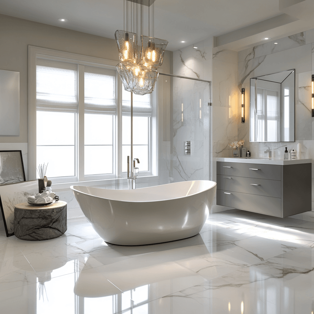 Modern luxury bathroom with freestanding bathtub and marble finishes for a Lagos or Abuja luxury home.