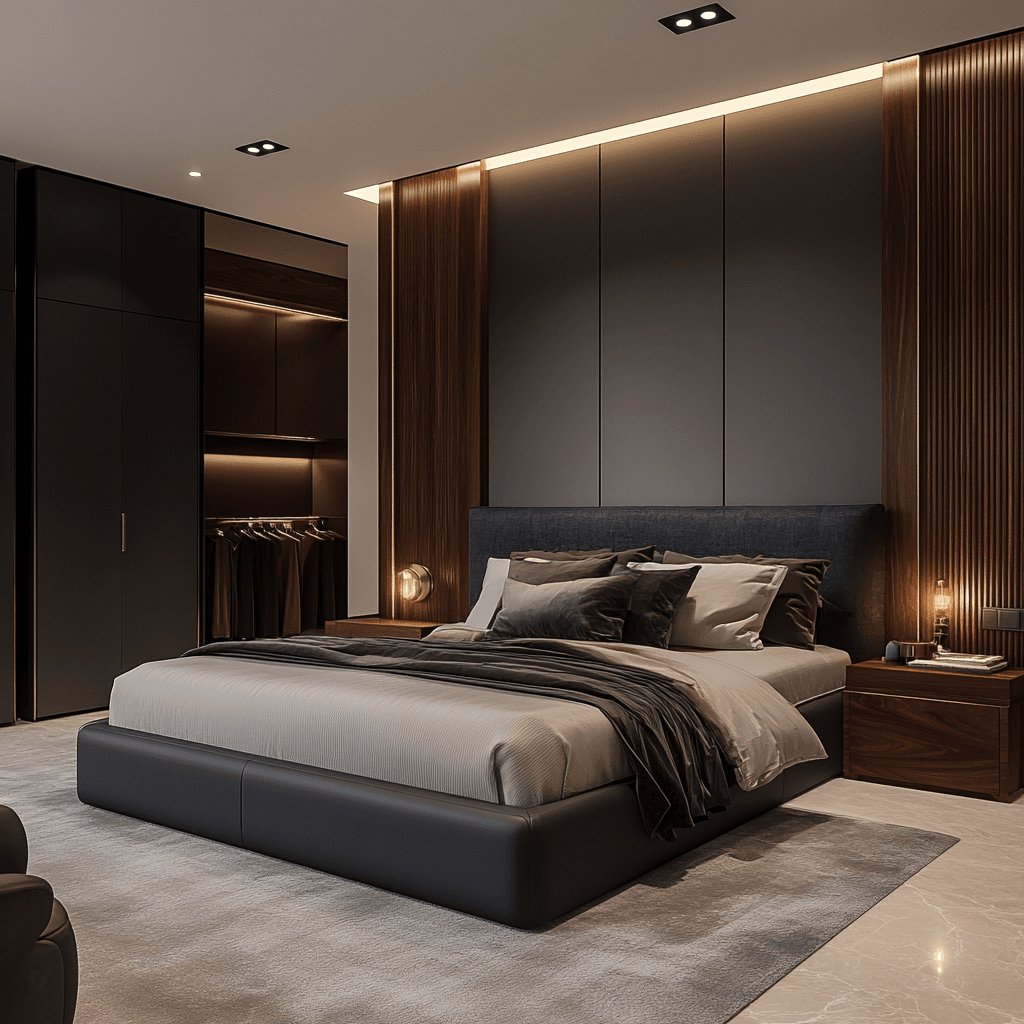 Modern luxury bedroom with a dark upholstered bed and sleek wardrobe design for a Lagos or Abuja luxury home.