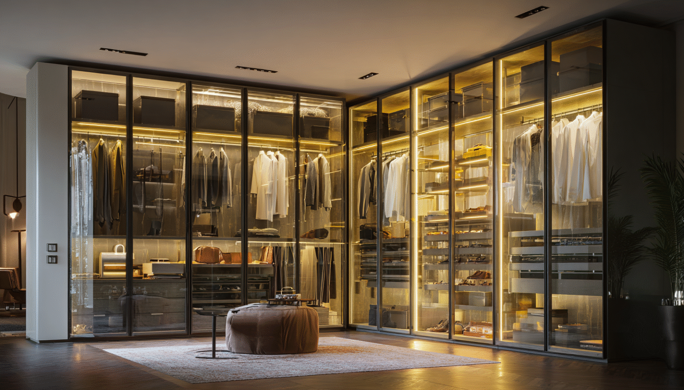 Contemporary wardrobe with sleek finishes, spacious shelves, and elegant lighting.