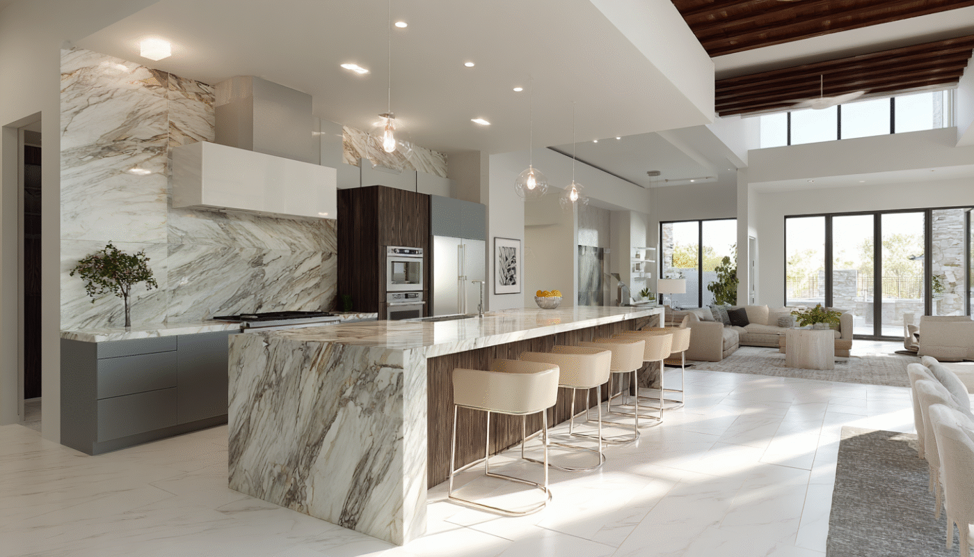 Open kitchen design layout with a spacious island and luxury finishes.