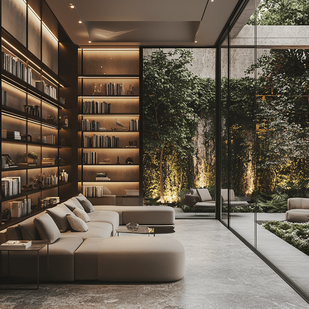 Lounge with floor to ceiling glass, built in bookcases, and access to a lush garden patio for a Lagos or Abuja luxury home.