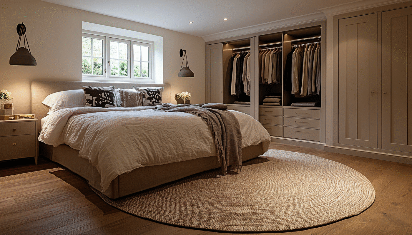 Round jute rug in a modern bedroom with a neutral bed and custom wardrobe.