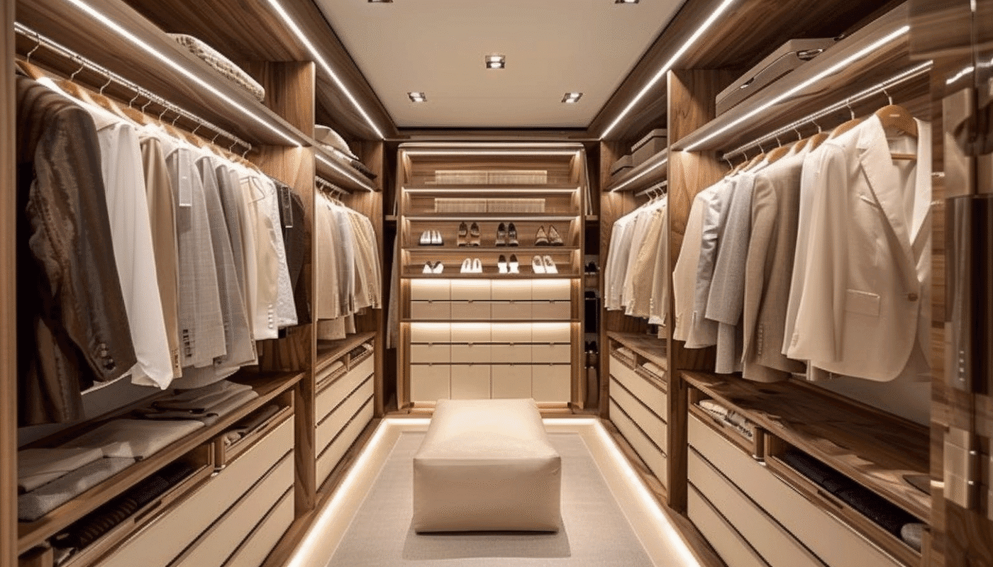 Spacious bedroom with modern wardrobe and stylish interior.