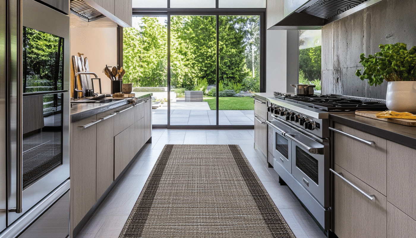 Modern kitchen with beige cabinets and a brown woven kitchen rug runner on grey tiles.