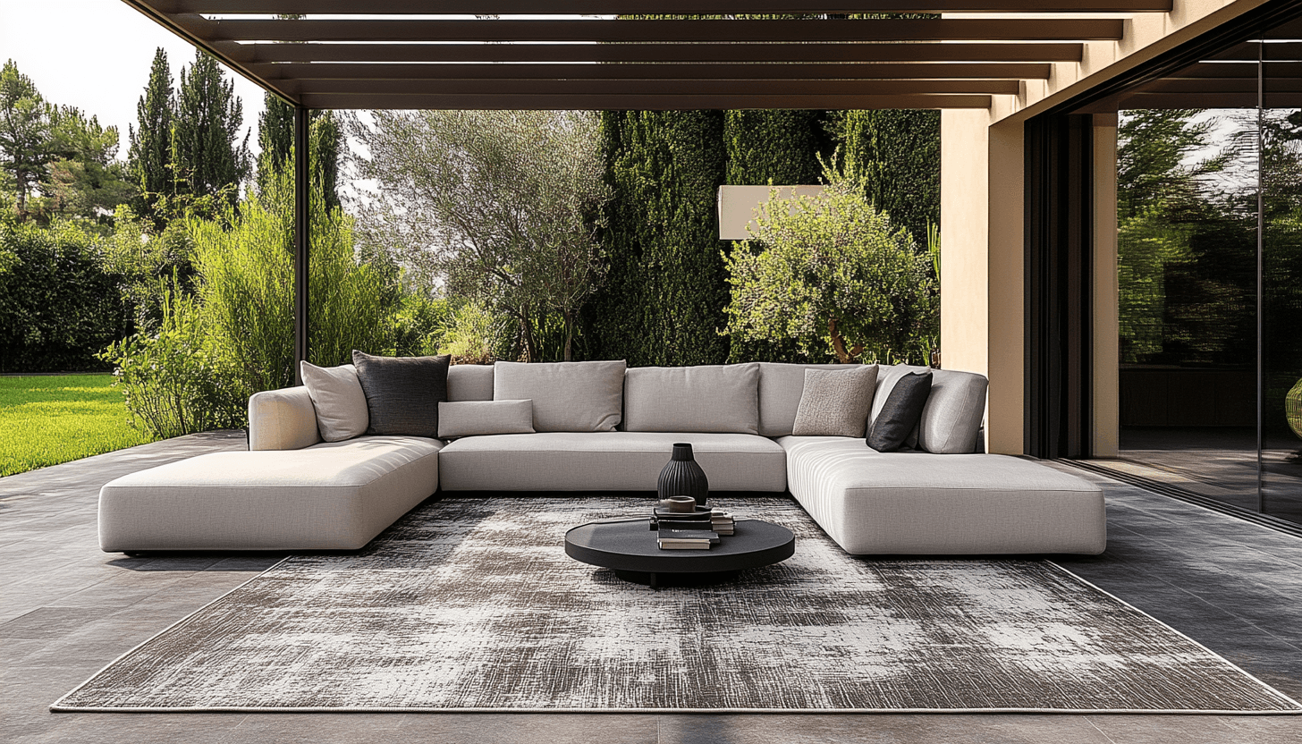 Grey outdoor rug with light grey sofa under pergola in lush garden patio for a Lagos or Abuja luxury home.