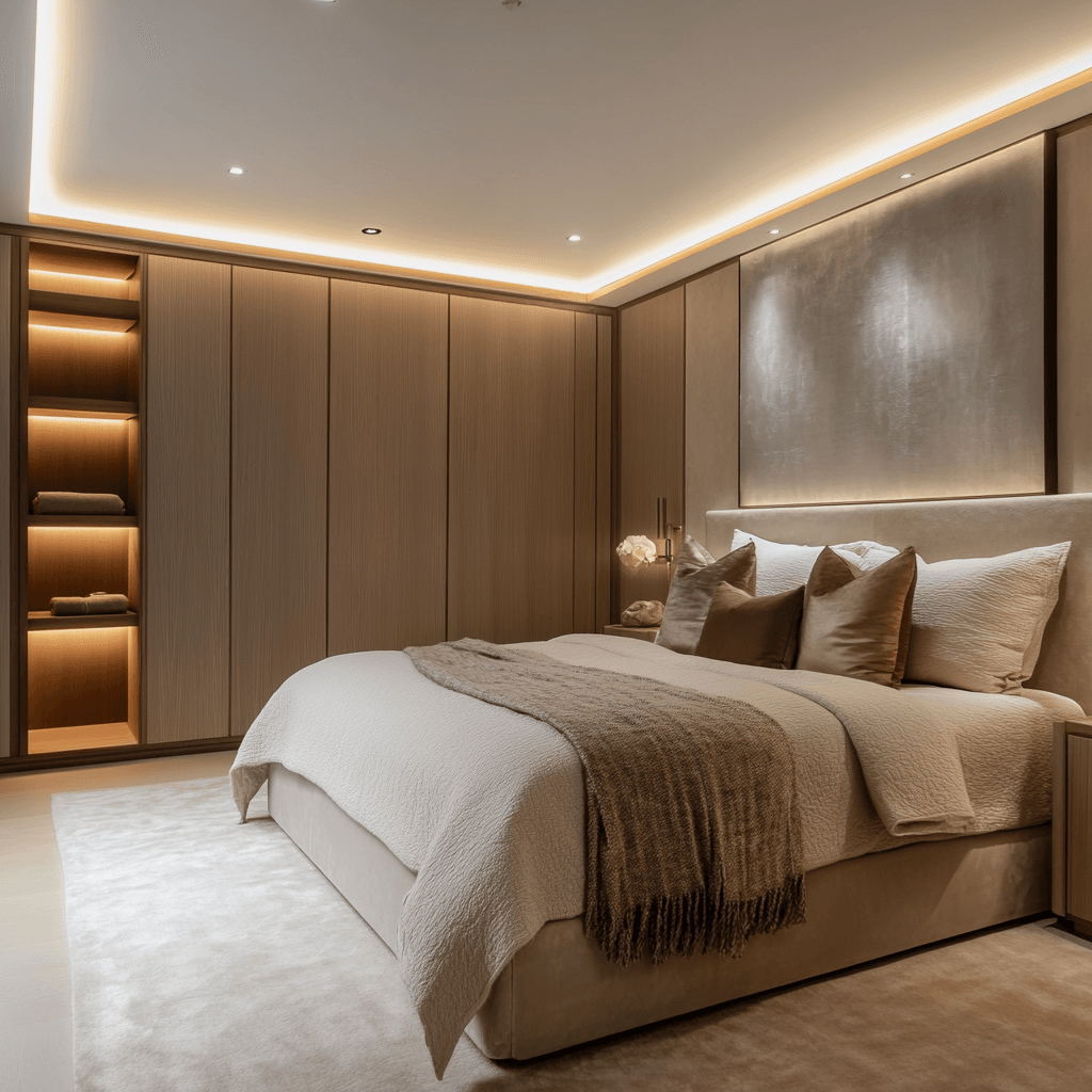 Guest bedroom with fitted wardrobes, warm lighting, and soft neutral bedding for a Lagos or Abuja luxury home.