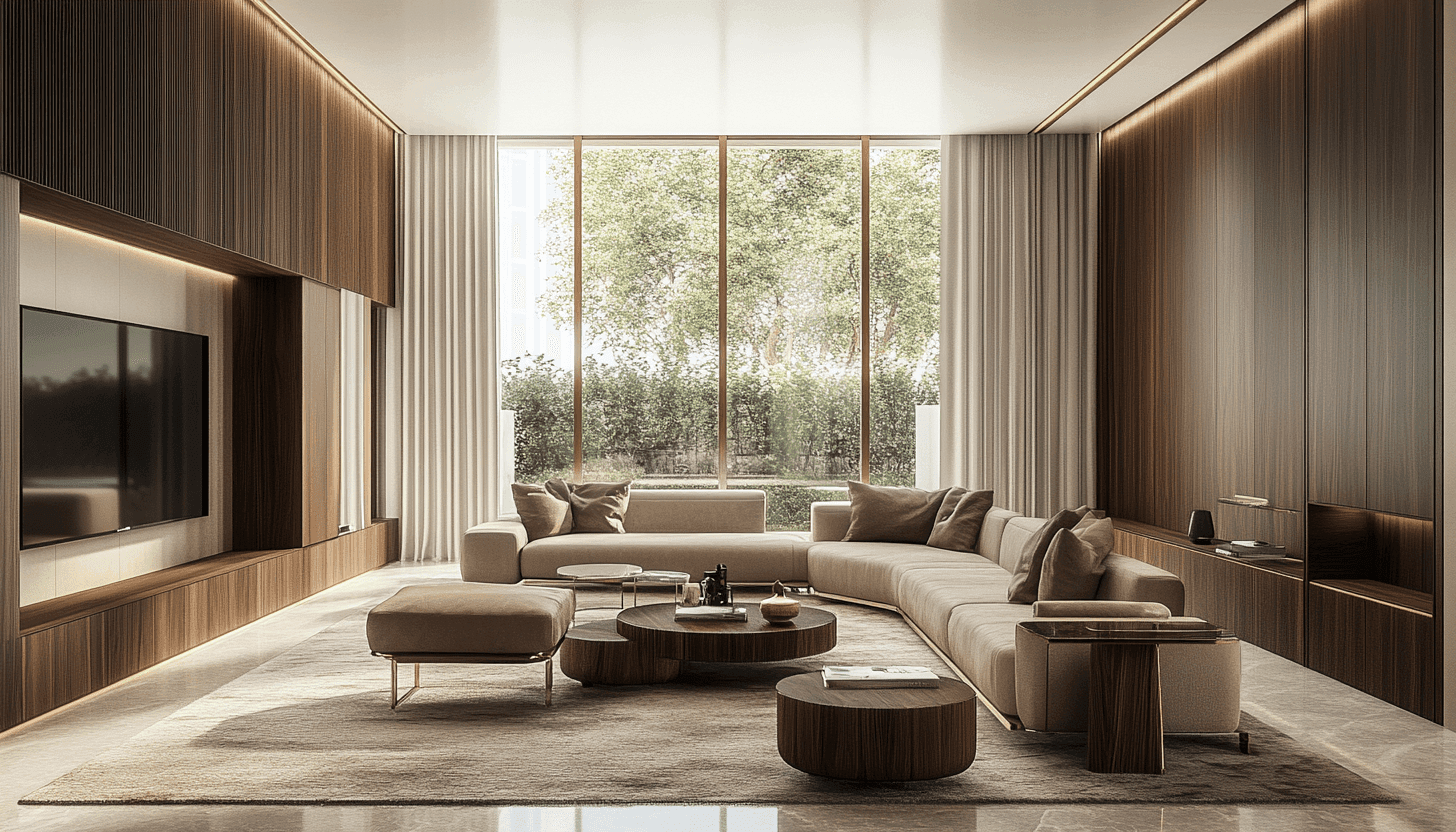 Custom wood wall panels and TV unit in a luxury modern living room for a Lagos or Abuja luxury home.