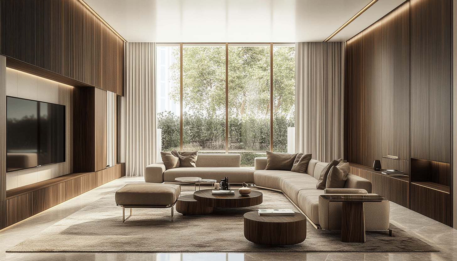 Custom wood wall panels and TV unit in a luxury modern living room for a Lagos or Abuja luxury home.