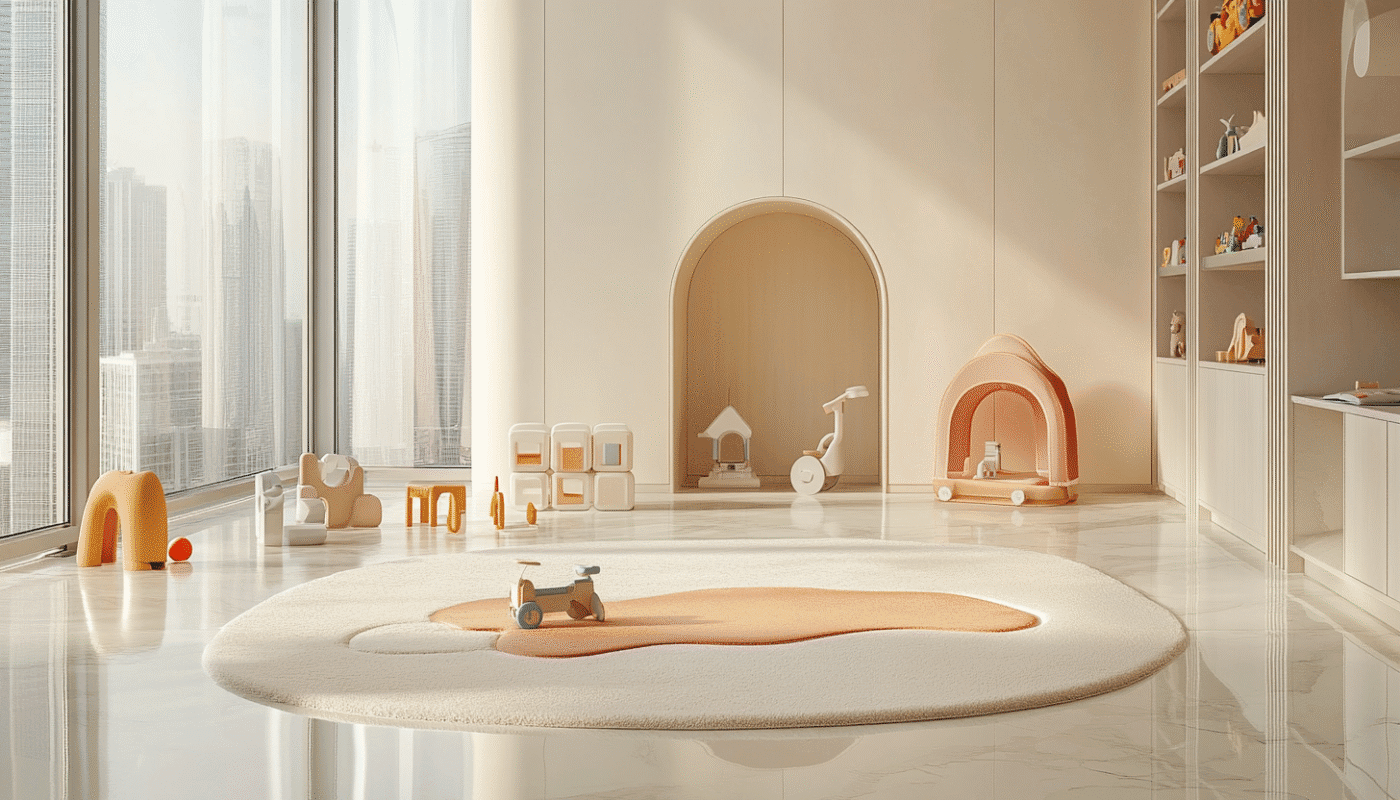 Round kids room rug with toys and soft textures for nurseries