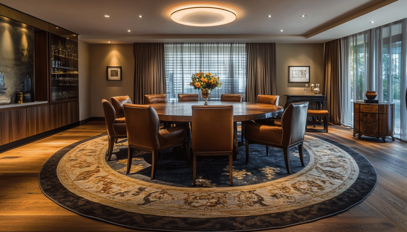 uxury round rug under a wooden dining table with leather chairs.