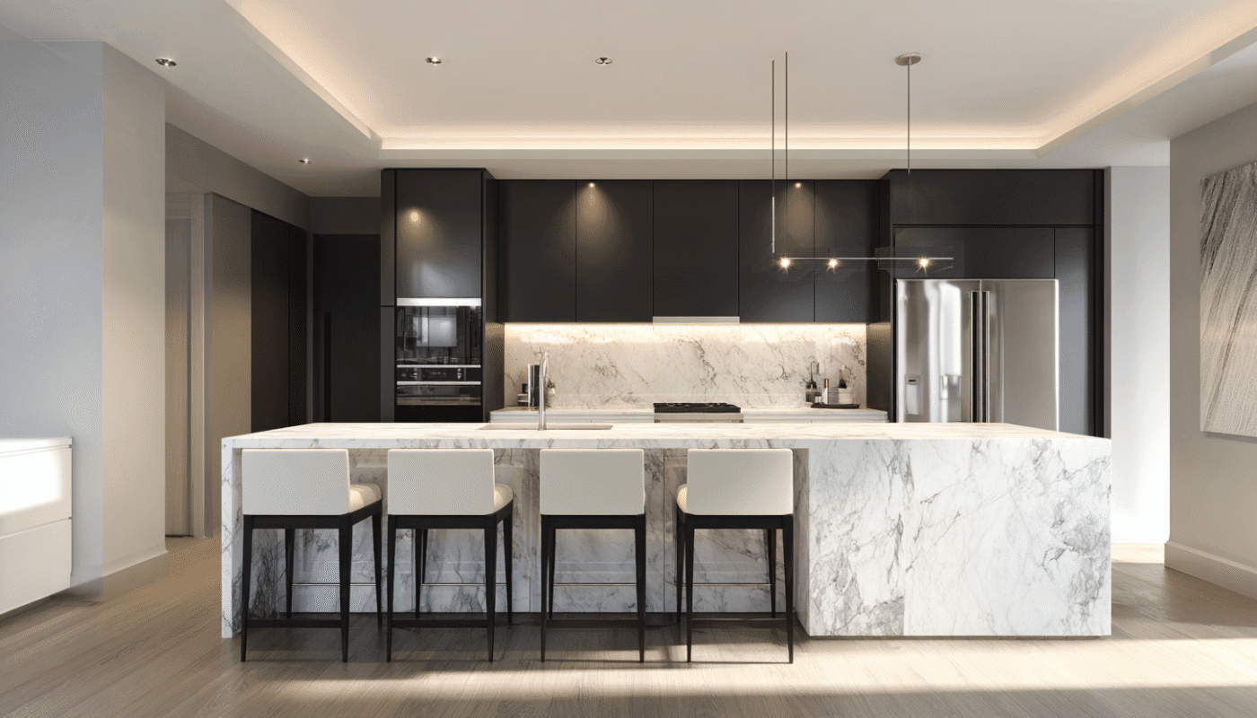 Modern simple kitchen with white cabinets and sleek countertops.