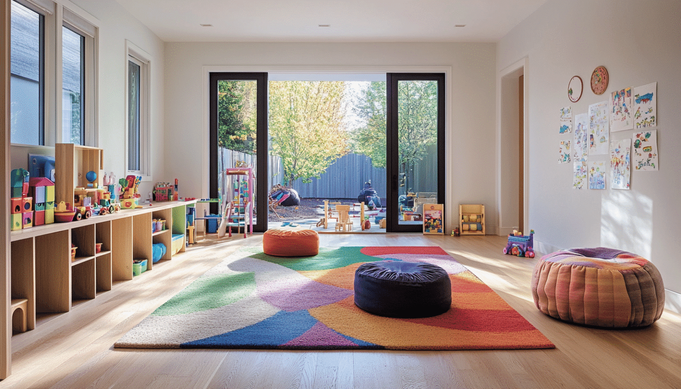 Colorful kids rug in a playful nursery with round cushions and toy storage.