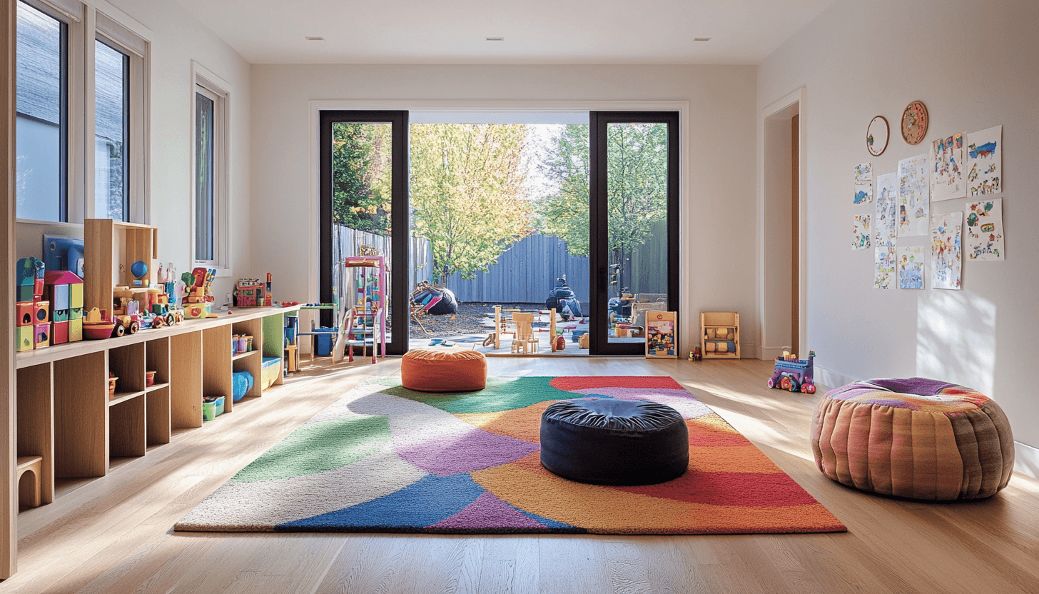 Colorful kids rug in a playful nursery with round cushions and toy storage for a Lagos or Abuja luxury home.