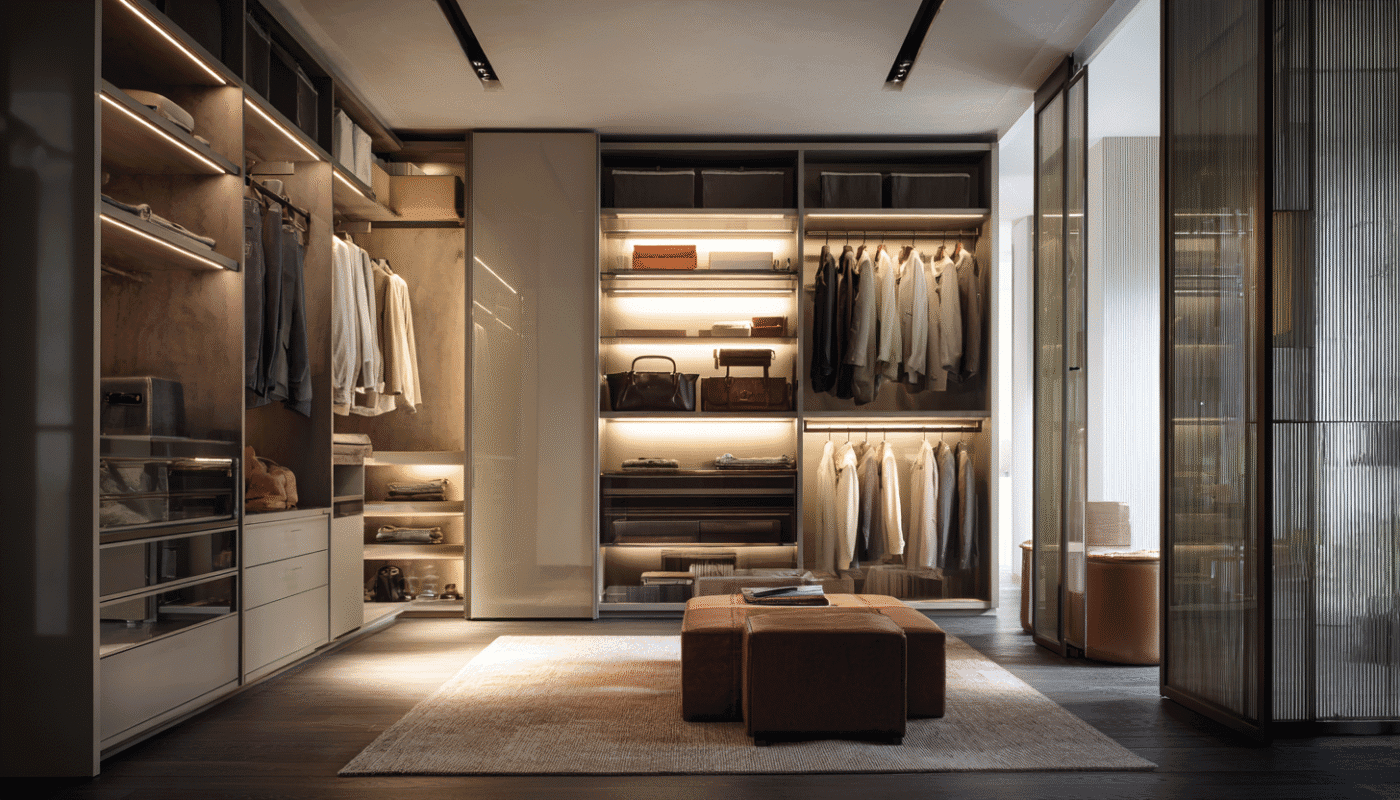 Modern sliding wardrobe with mirrored panels and efficient use of space