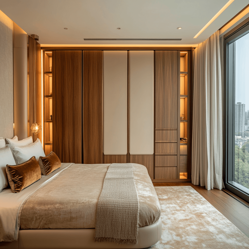 Modern bedroom with built in wooden wardrobes, beige bedding, and ambient lighting for a Lagos or Abuja luxury home.