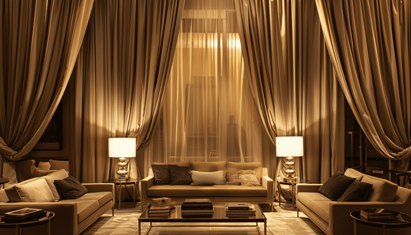 Stylish living room with gold curtains and soft ambient lighting