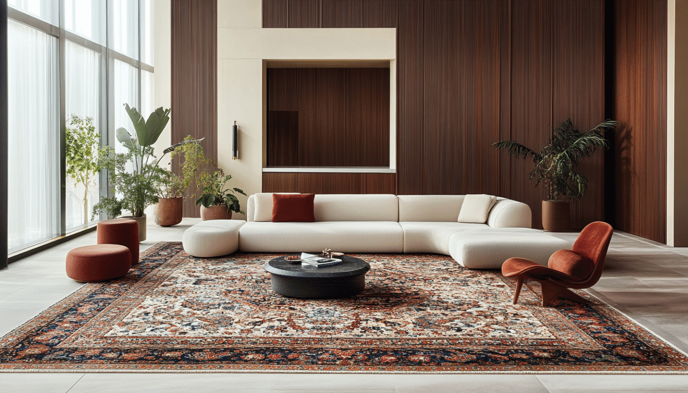 Close-up of richly coloured Persian rug showing a detailed central medallion and floral motifs.