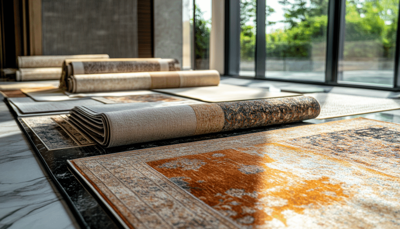 Rolled carpets and rugs in sunlight, showcasing diverse patterns and materials
