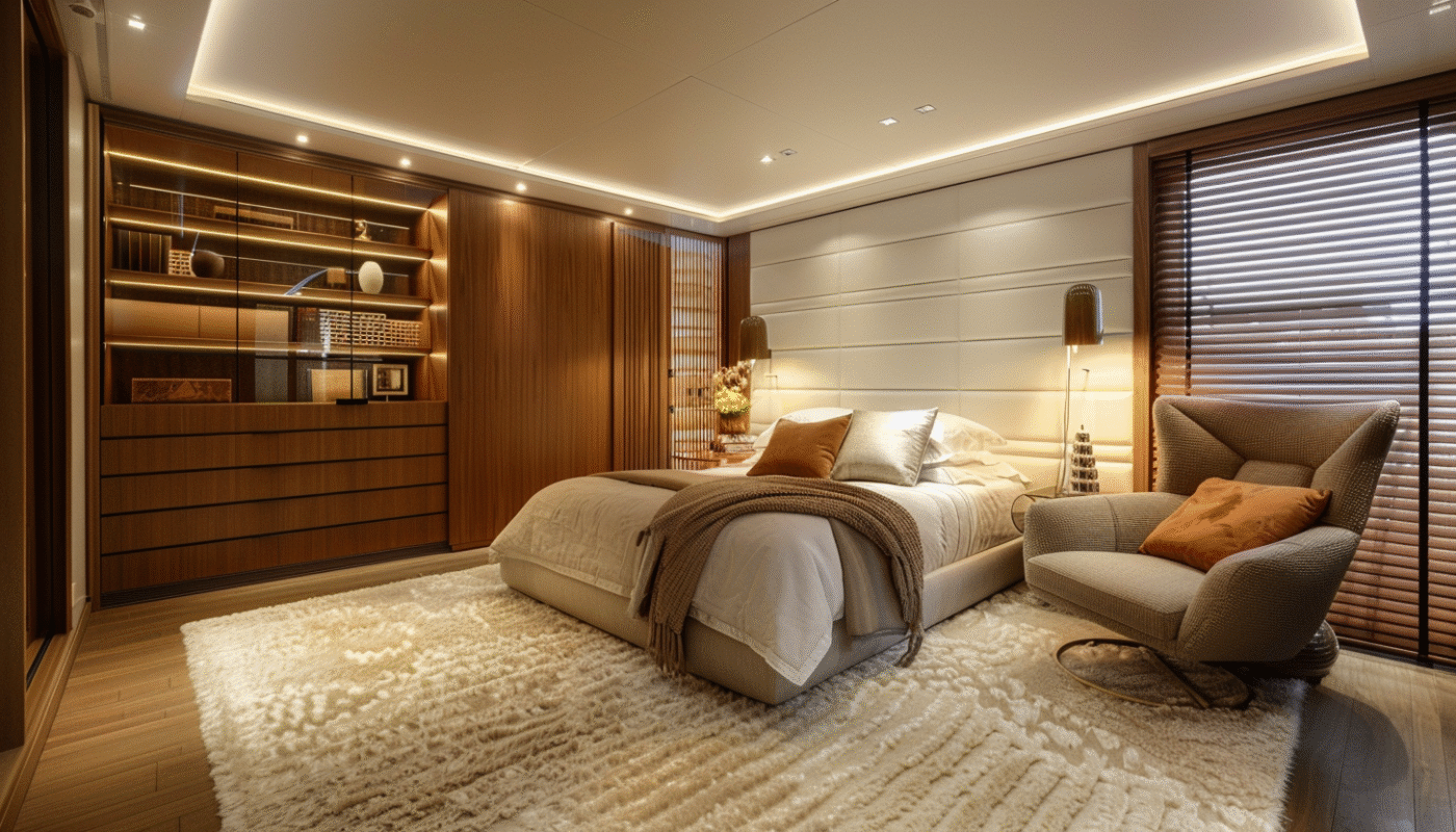 Modern bedroom with wardrobe, comfortable bed, stylish armchair, and soft lighting.