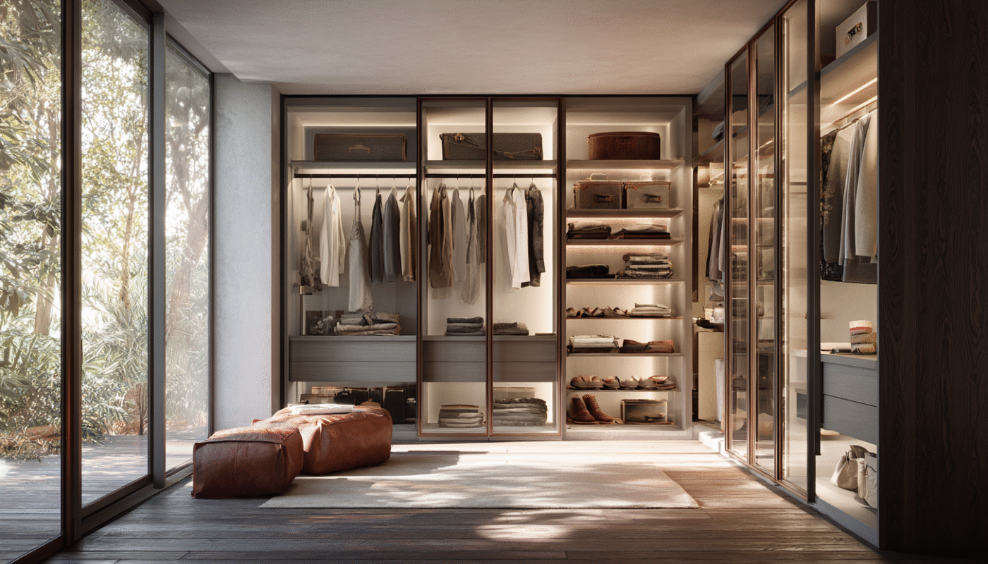 Timeless modern wardrobe design featuring sleek lines and neutral tones.