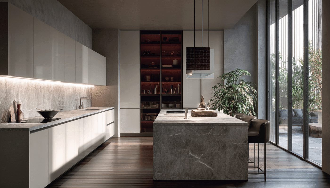 Modern kitchen with sleek kitchen cabinets and stylish kitchen cabinet doors design.