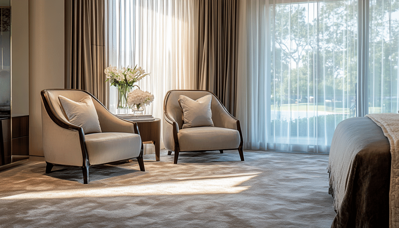 Beige carpet with two armchairs and natural light in a modern bedroom.