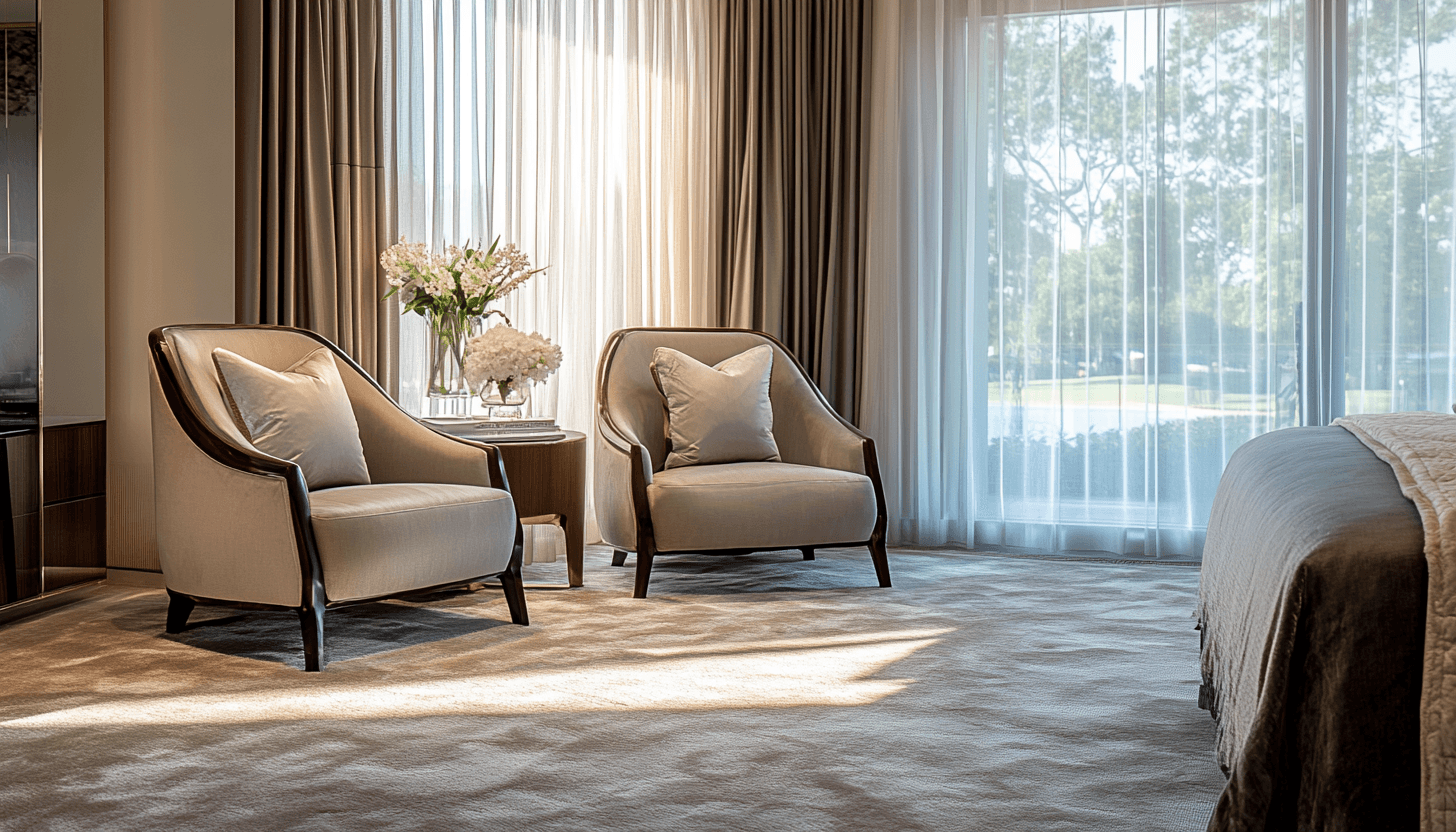 Beige carpet with two armchairs and natural light in a modern bedroom for a Lagos or Abuja luxury home.