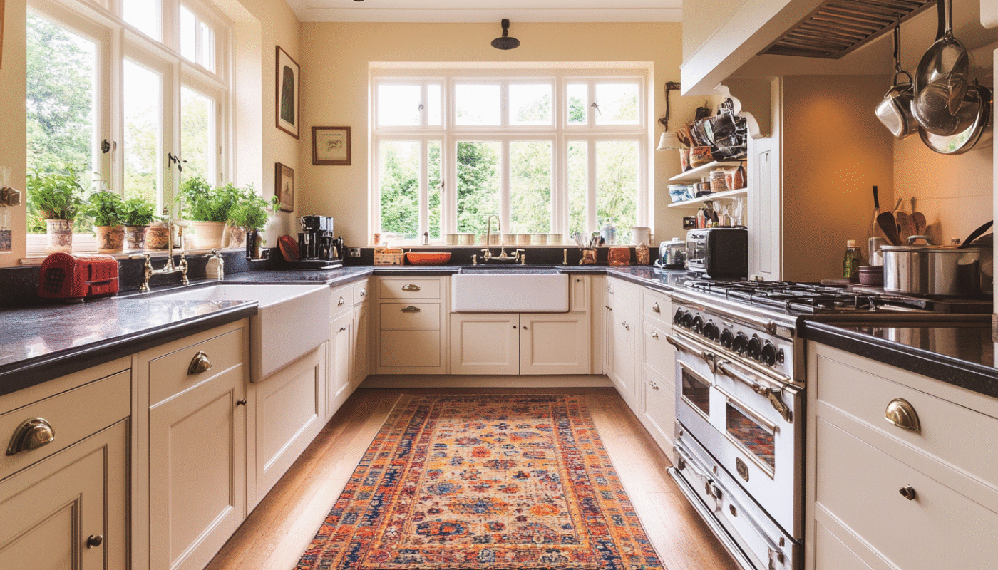 Colourful kitchen rug with cream cabinets and black countertops in classic kitchen setting