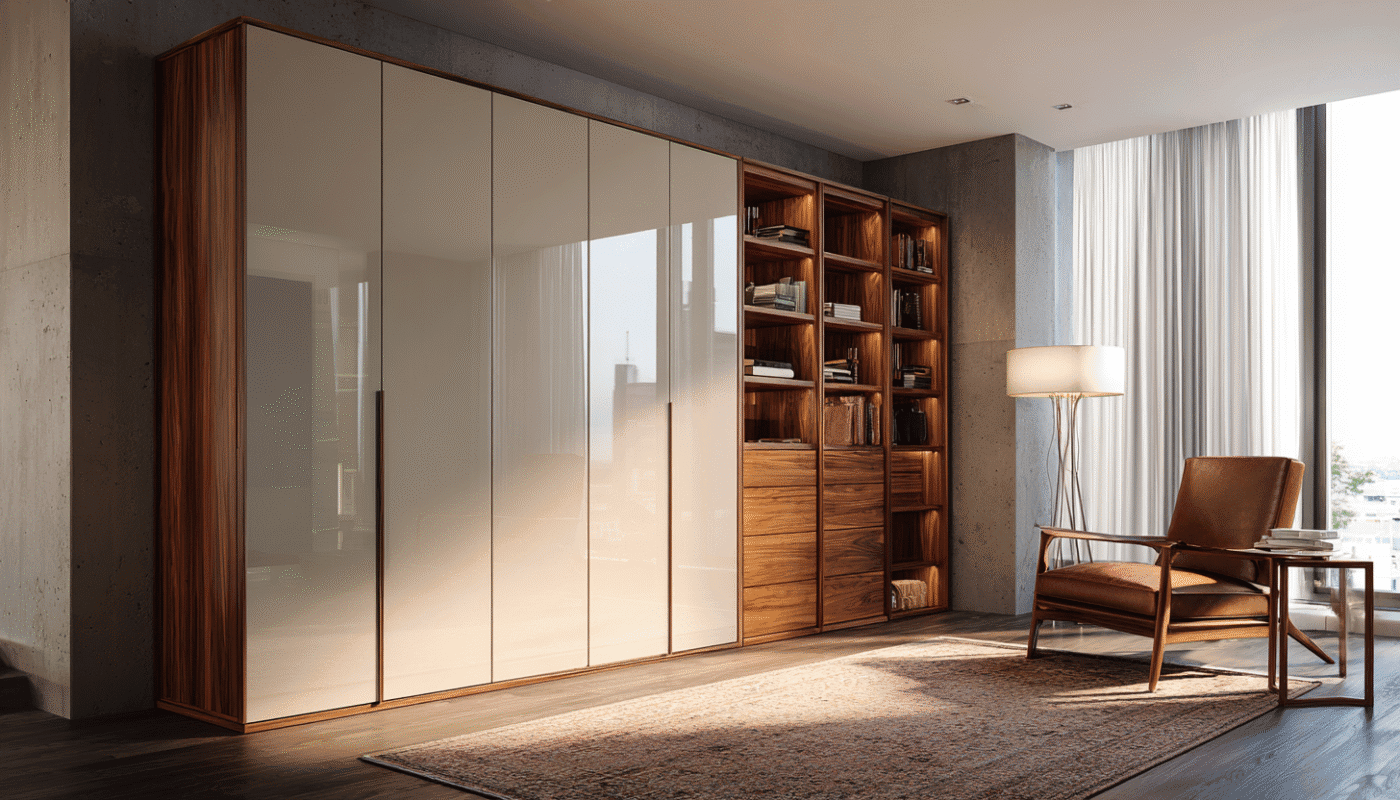Luxury wardrobe cabinets with elegant wood finishes and custom shelving for storage.