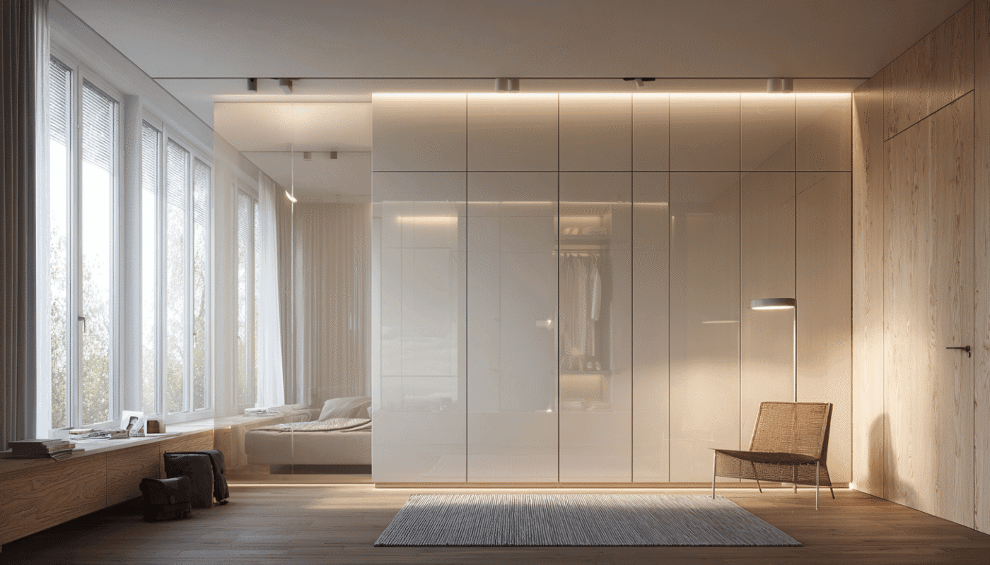 Luxury wardrobe with a contemporary design in a cozy bedroom setting.