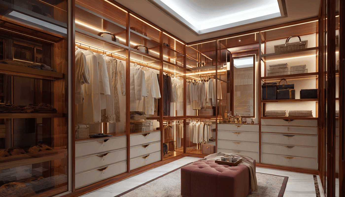 Stylish wardrobe design with wooden shelves, hanging space, and illuminated drawers for elegance.