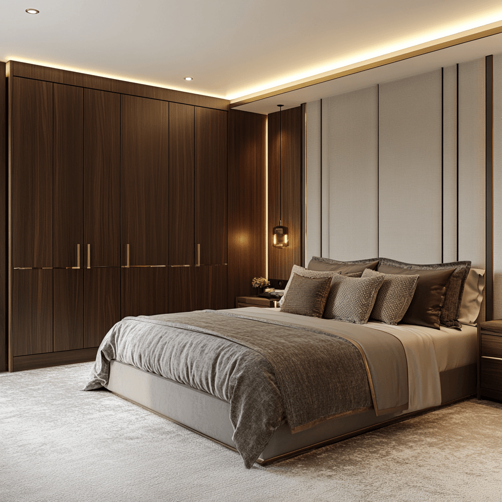 Luxury bedroom with bespoke wooden wardrobes and stylish bed design for a Lagos or Abuja luxury home.