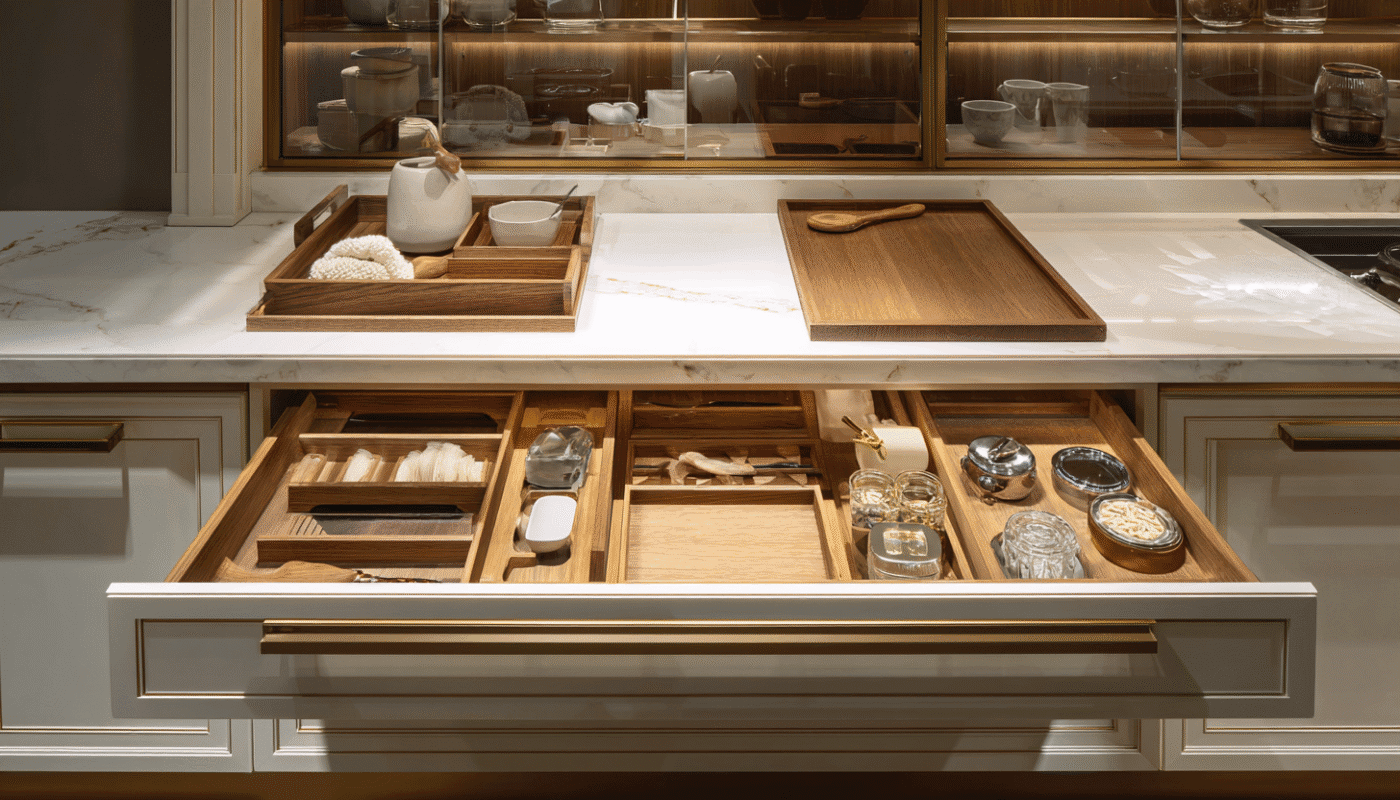 Luxury kitchen cabinets with detailed craftsmanship, premium materials, and modern design.