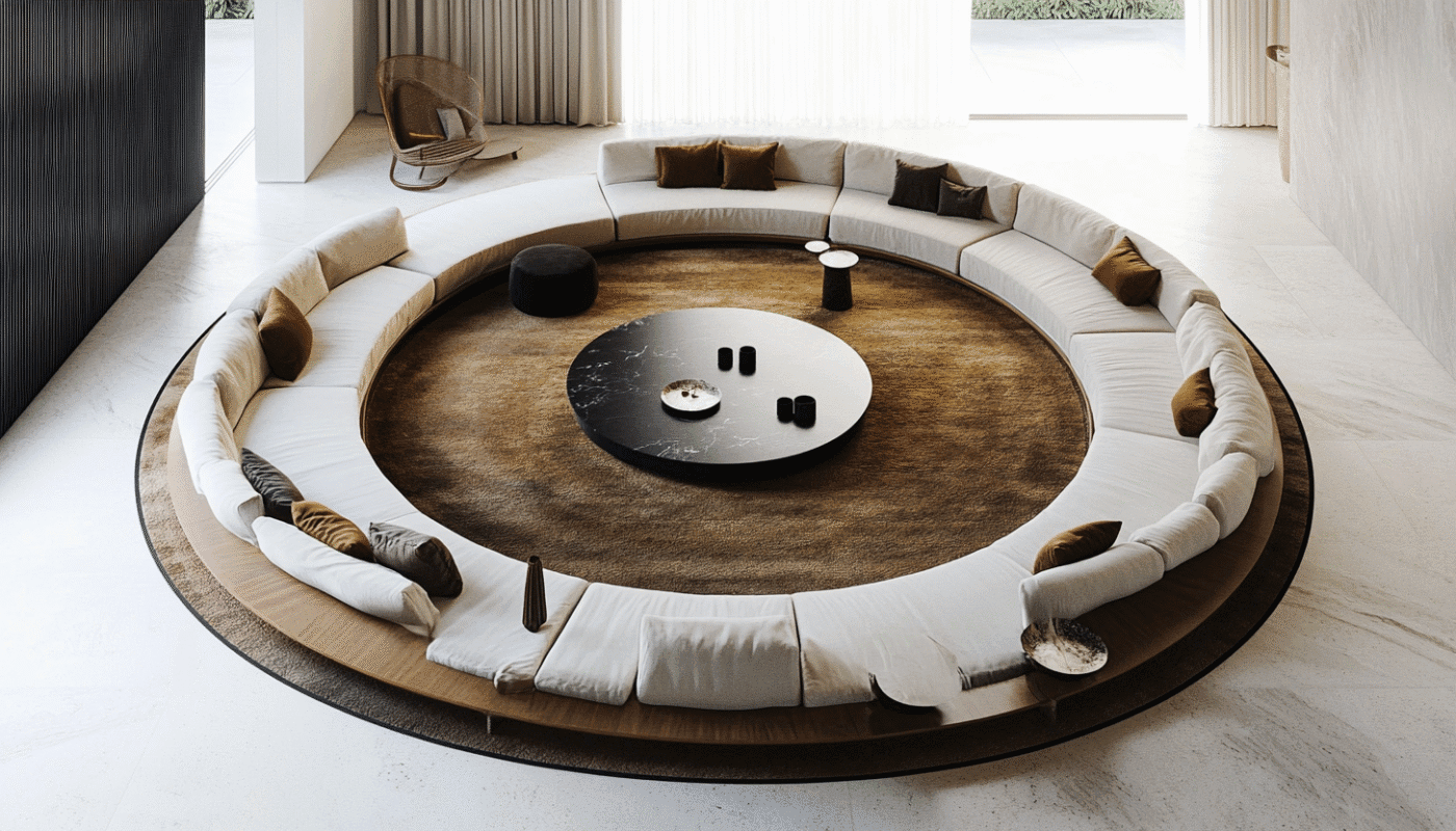 Modern round rug with a circular seating arrangement in a luxurious living room.