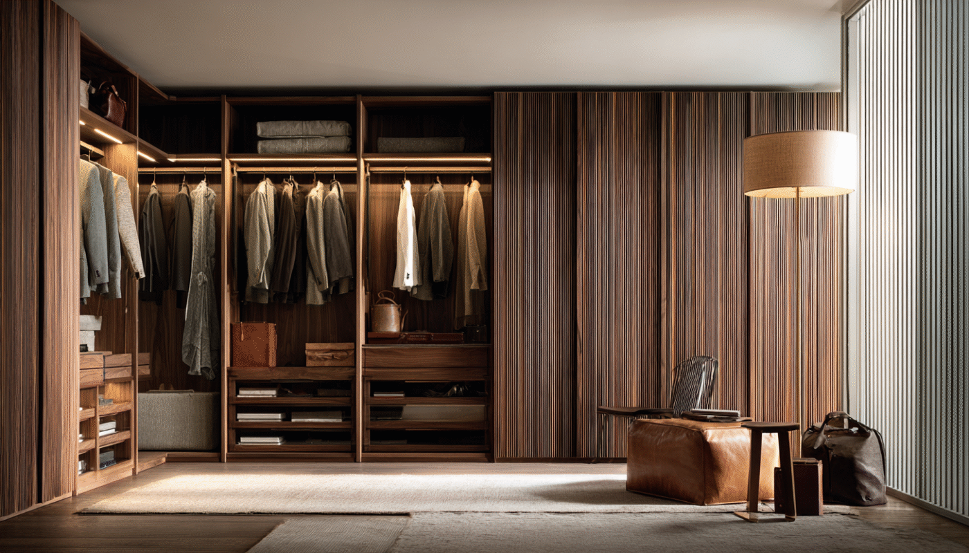 Wooden fitted wardrobes with shelves and hanging space.