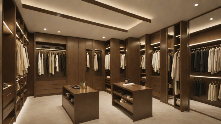 Luxury dressing room design in Lagos with bespoke walk-in closet joinery and warm lighting