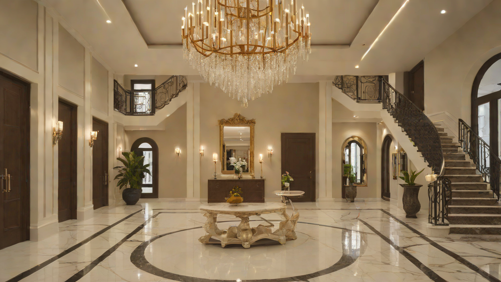 Luxury entryway design in Lagos home with marble foyer and statement chandelier