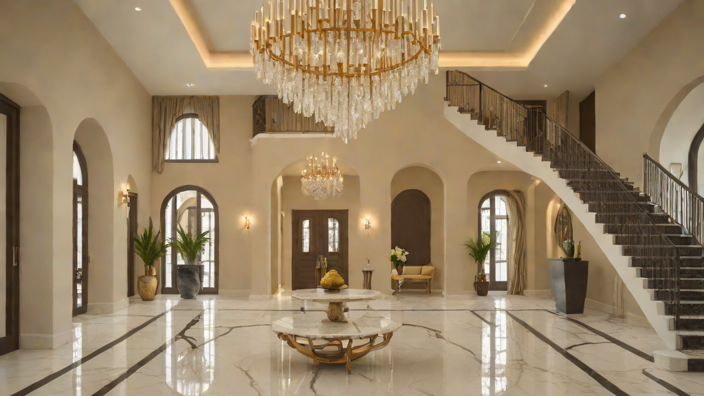 Luxury entryway with marble finishes, statement lighting and console styling for a Lagos home.