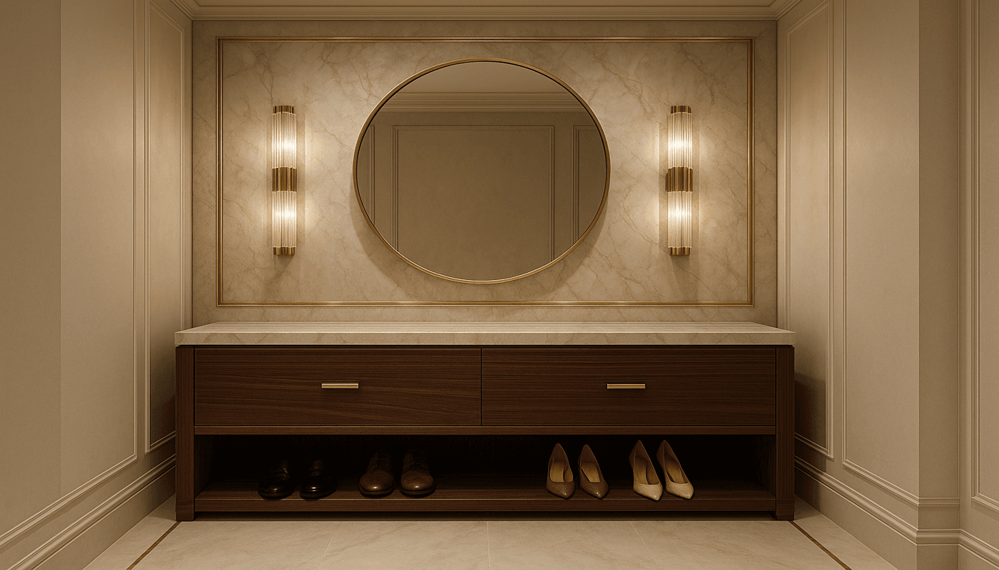 Luxury hallway console table with sculptural decor and polished finishes for a Lagos or Abuja home.