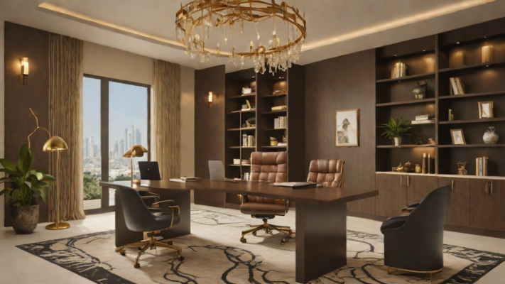 Luxury home office design in Lagos with executive desk and statement lighting