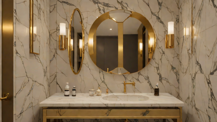Luxury powder room design in Lagos with sculptural stone vanity, brass accents, and warm layered lighting
