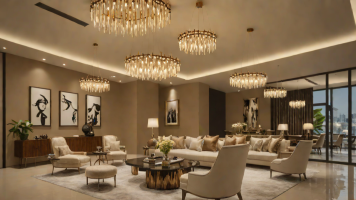 Modern lighting showroom in Lagos with luxury chandeliers and sculptural pendant lights
