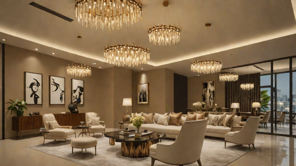 Modern lighting showroom in Lagos with luxury chandeliers and sculptural pendant lights