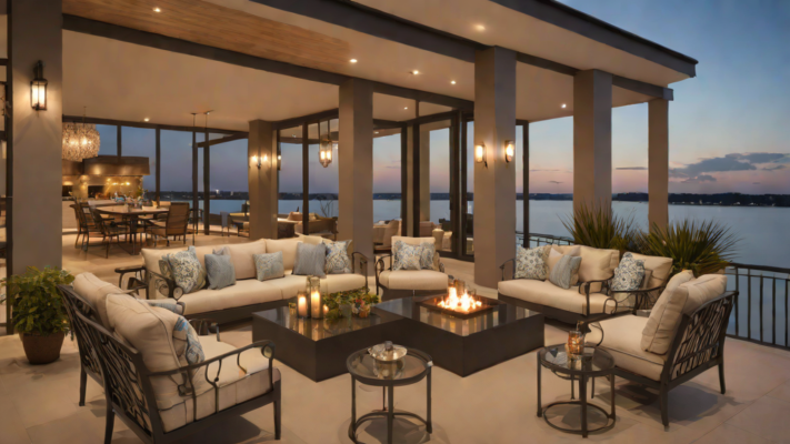 luxury outdoor terrace furniture waterfront evening
