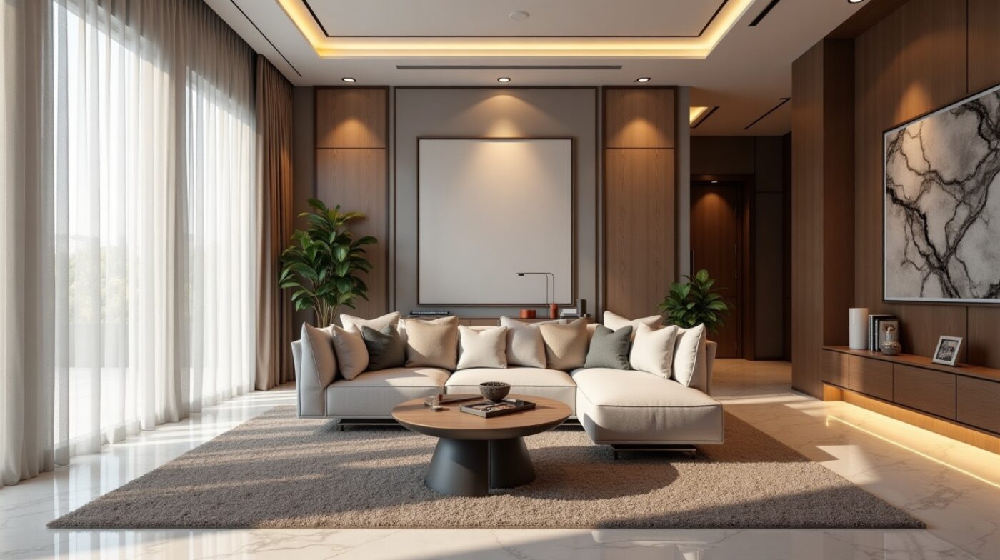 Luxury curtains and blinds in a refined Lagos living room with soft sheers, full height drapery and high end furniture.