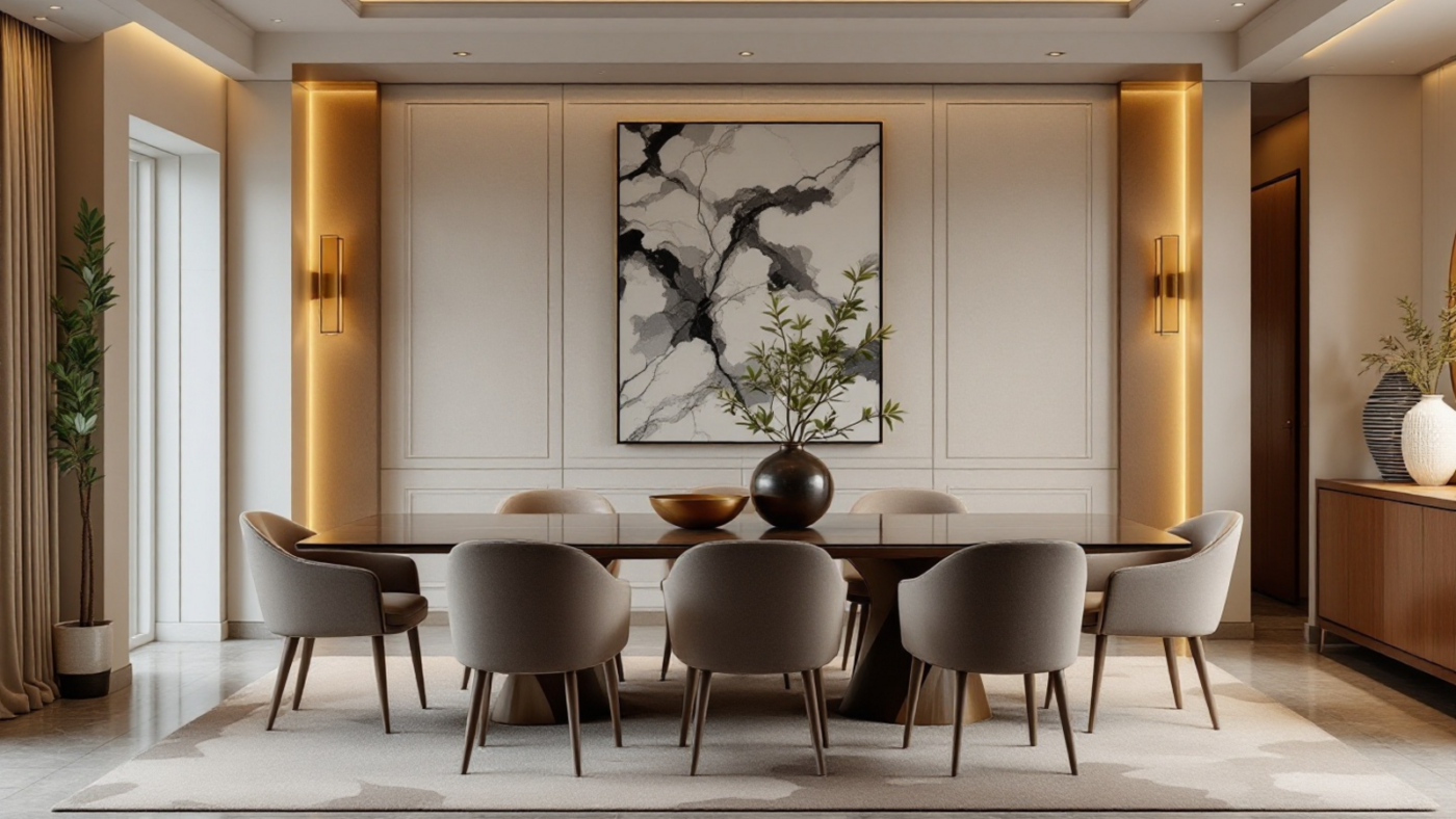 Luxury dining chairs around a formal dining table in a Lagos home with warm lighting and sideboard storage.